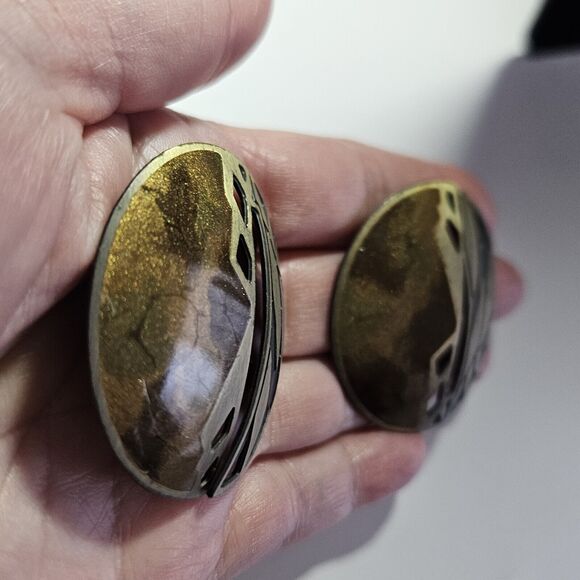 **Final Sale** Edgar Berebi Vintage Shimmery Earth Tone Enamel Round Earrings - Picture 3 of 12